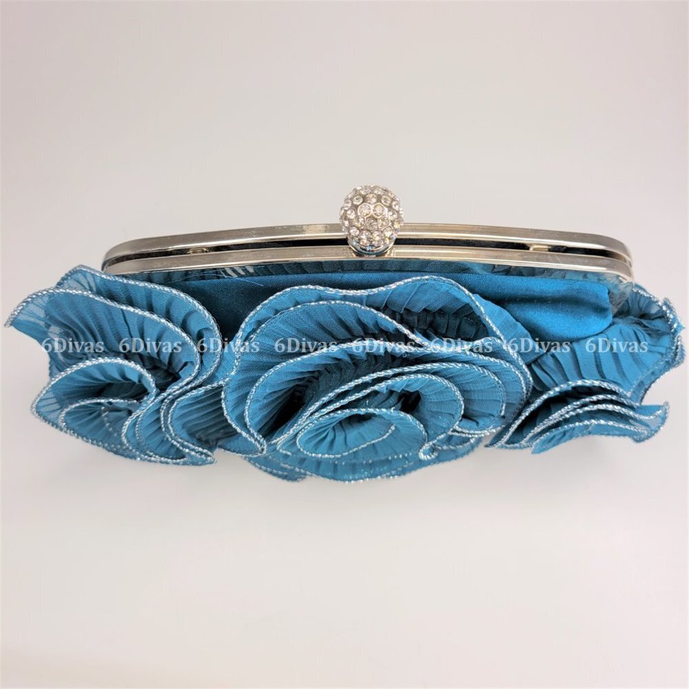 Blue Satiny Floral Clutch Purse